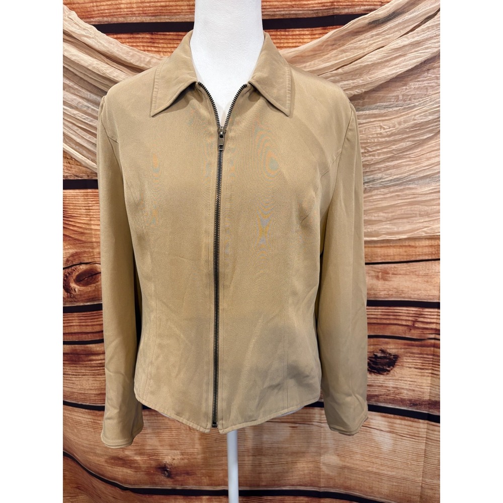 Via Seta Womens Tan‎ Long Sleeve Zip Front 100% Silk Blouse, Size 12